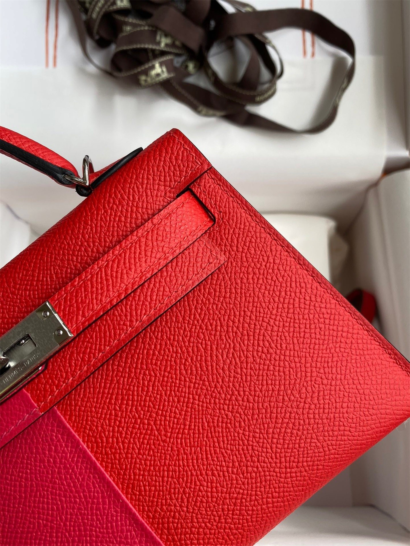 H**mes kelly mini ii sellier tri-color bag in red/rose extreme/blue epsom calfskin