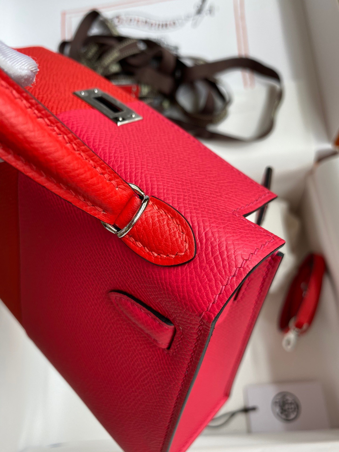 H**mes kelly mini ii sellier tri-color bag in red/rose extreme/blue epsom calfskin