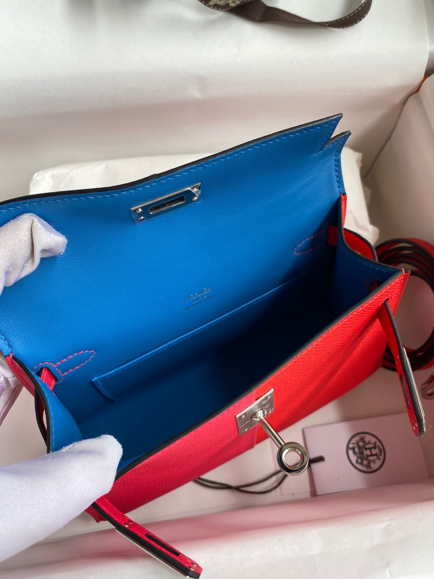 H**mes kelly mini ii sellier tri-color bag in red/rose extreme/blue epsom calfskin