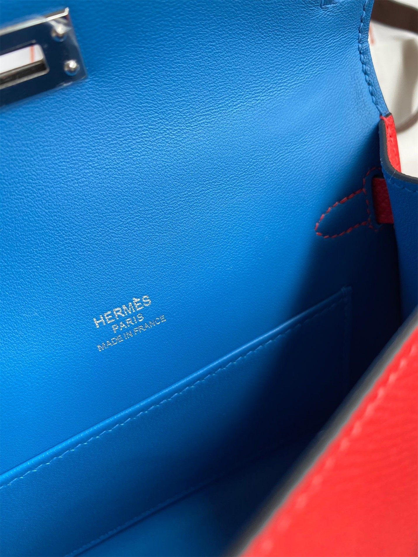 H**mes kelly mini ii sellier tri-color bag in red/rose extreme/blue epsom calfskin