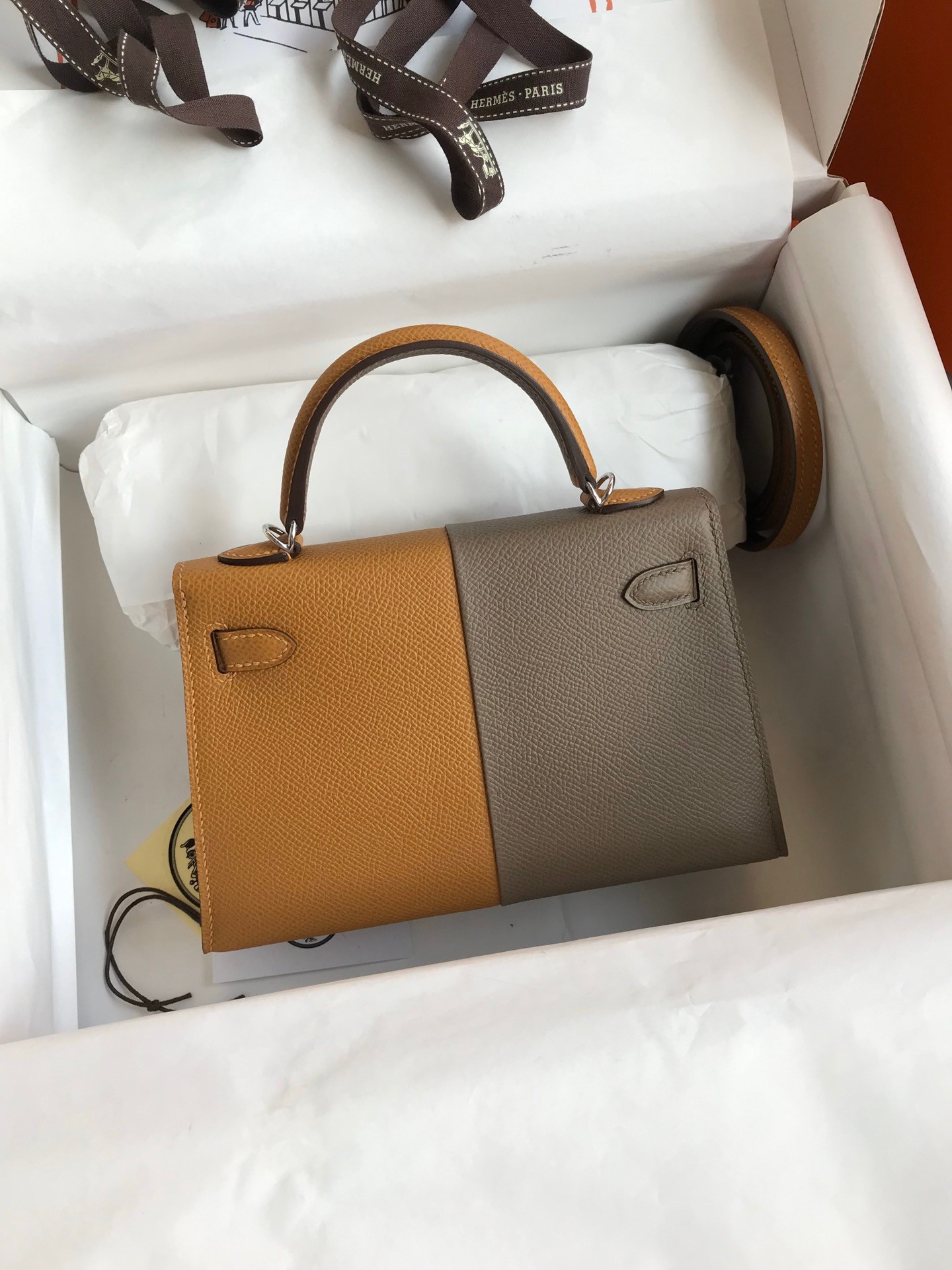 H**mes kelly mini ii sellier tri-color bag in taupe/sesame/blue nuit epsom calfskin