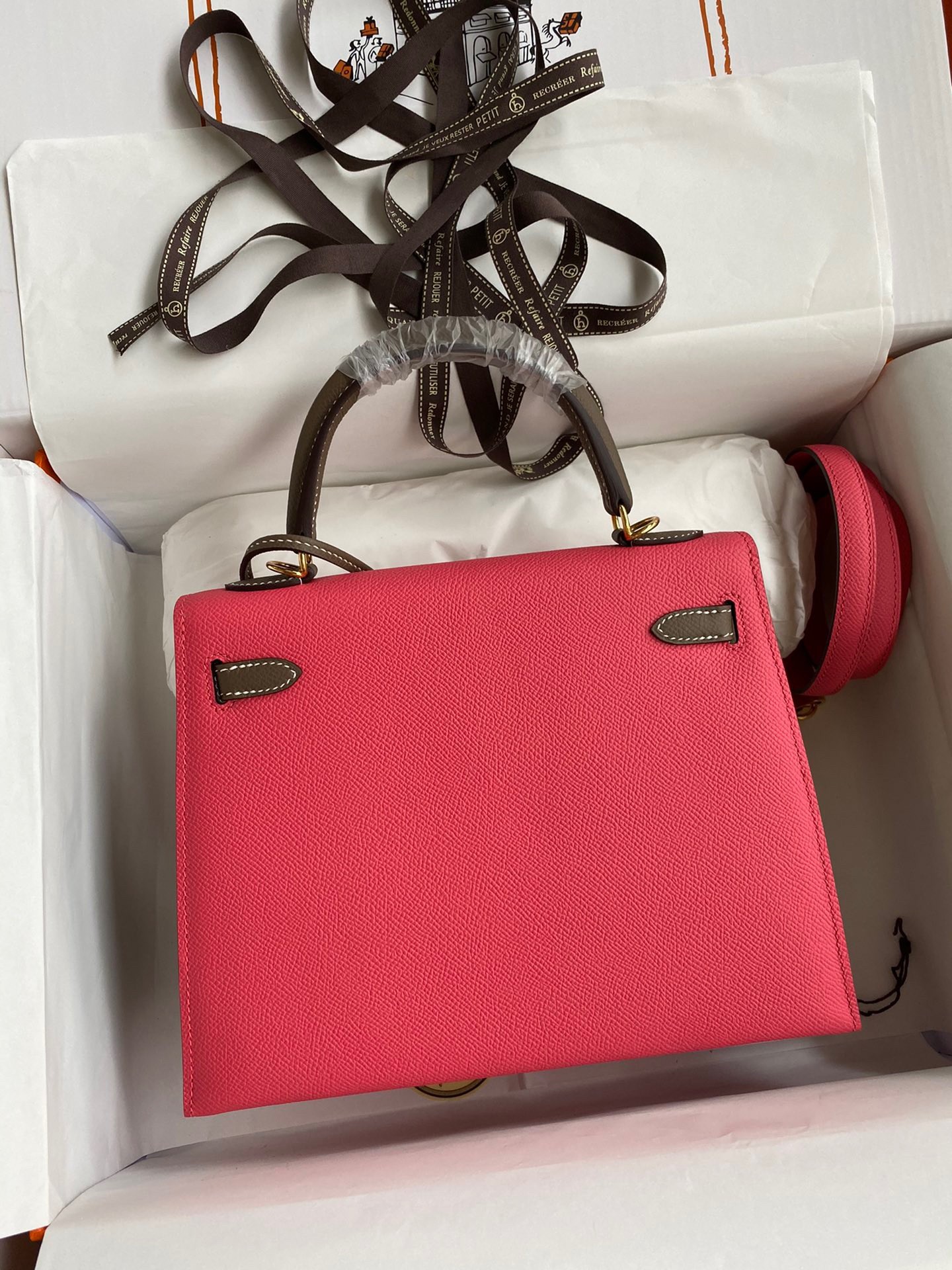 H**mes kelly sellier 25 bicolor bag in rose extremea nd taupe epsom calfskin