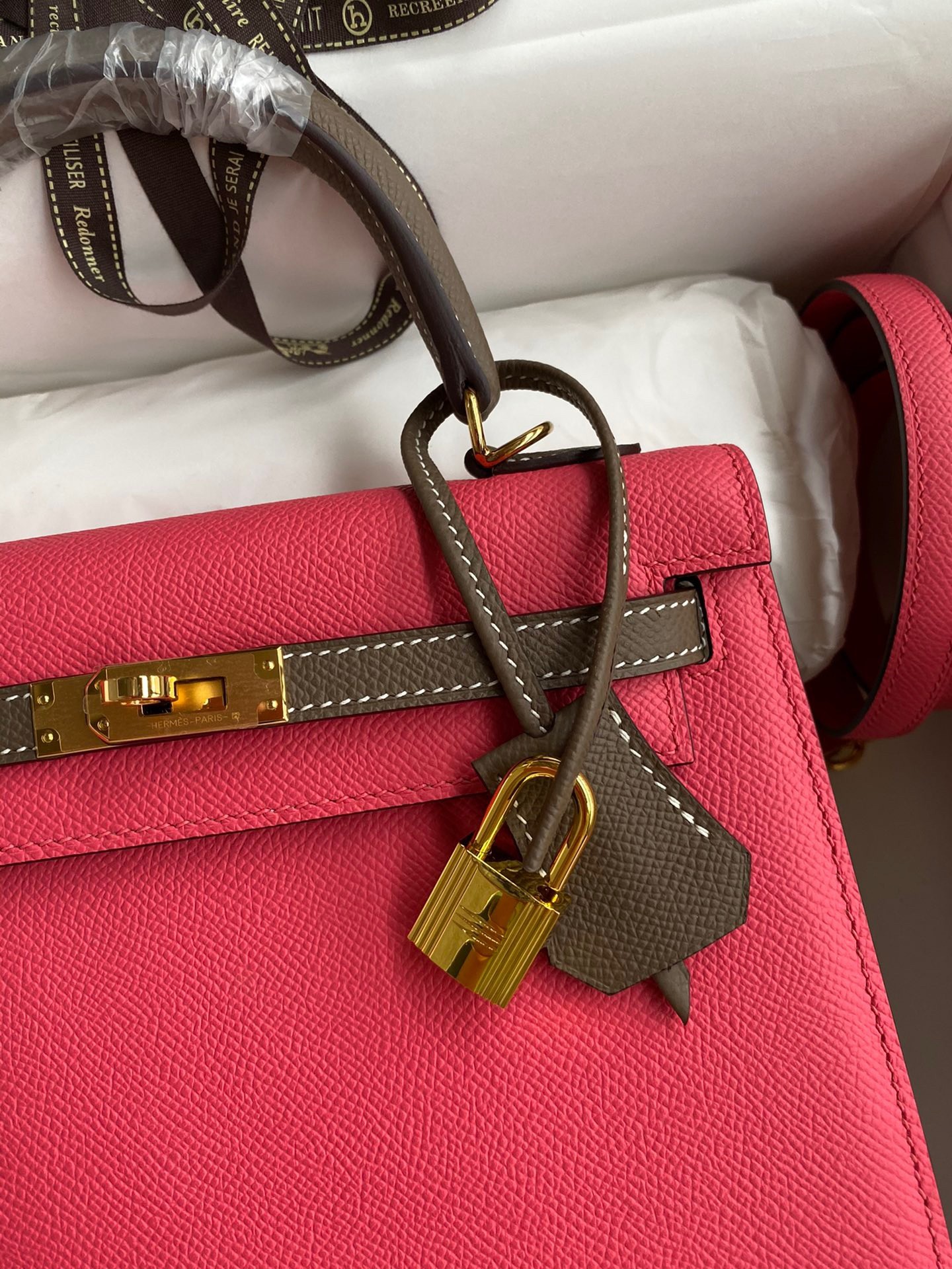 H**mes kelly sellier 25 bicolor bag in rose extremea nd taupe epsom calfskin