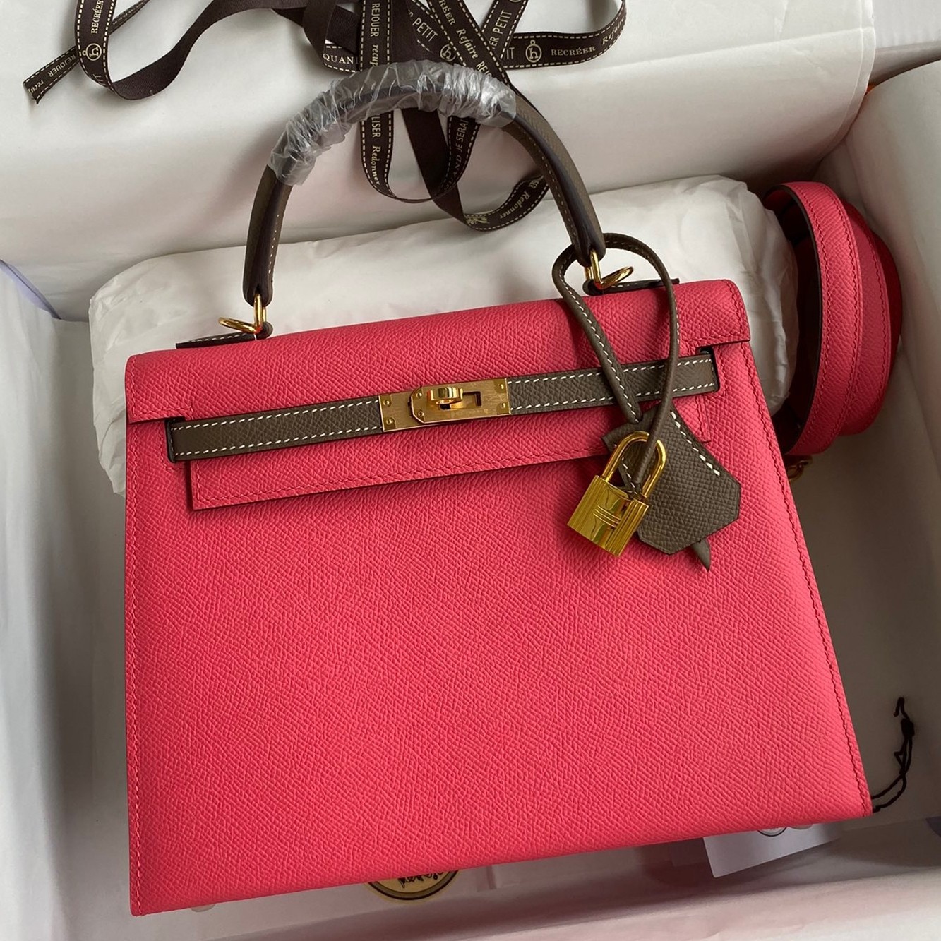 H**mes kelly sellier 25 bicolor bag in rose extremea nd taupe epsom calfskin