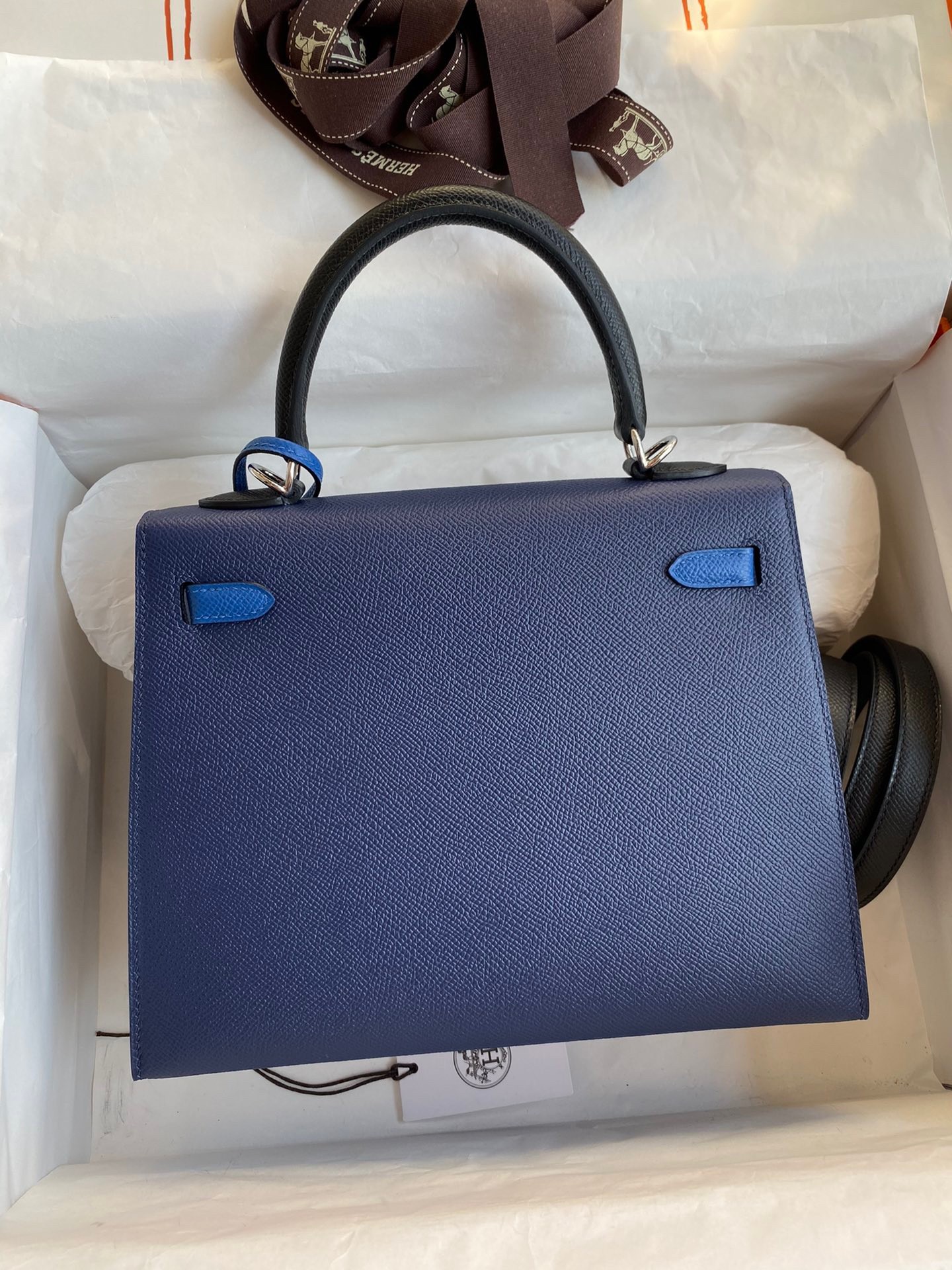 H**mes kelly sellier 25 bicolor bag in blue saphir and blue france epsom calfskin