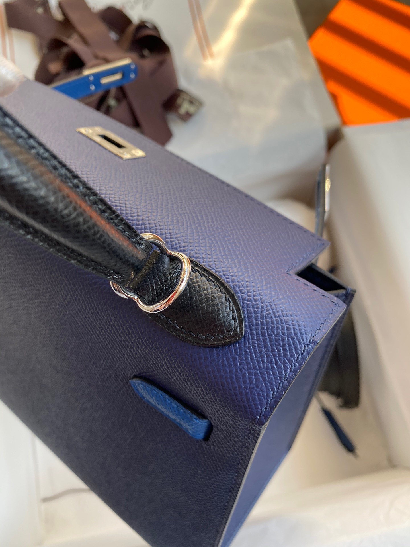 H**mes kelly sellier 25 bicolor bag in blue saphir and blue france epsom calfskin