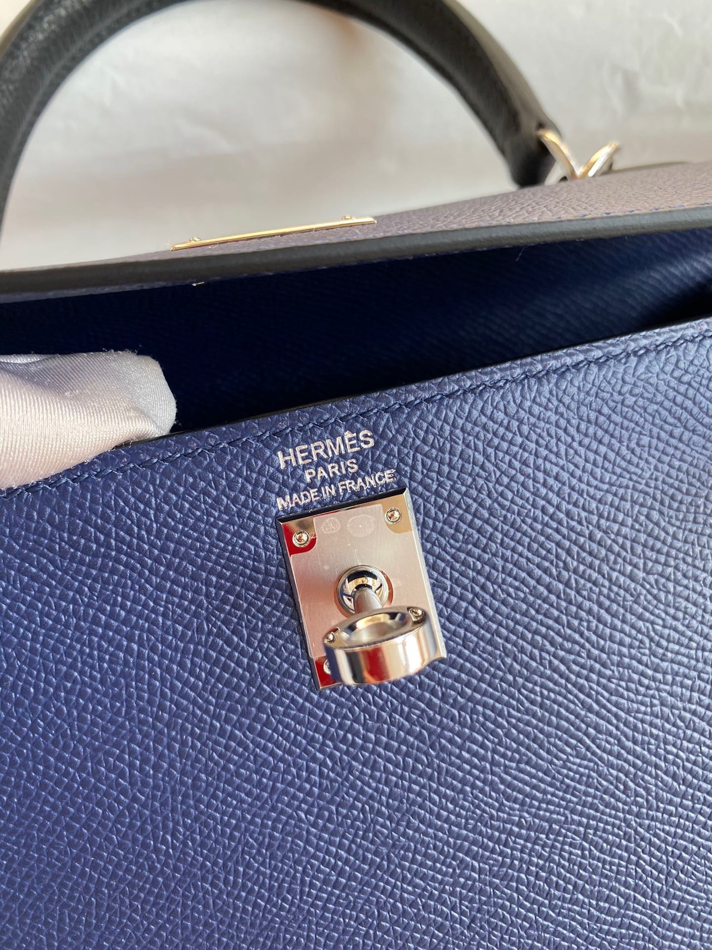 H**mes kelly sellier 25 bicolor bag in blue saphir and blue france epsom calfskin