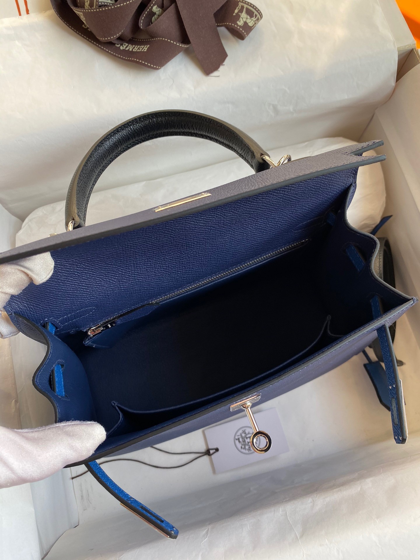 H**mes kelly sellier 25 bicolor bag in blue saphir and blue france epsom calfskin