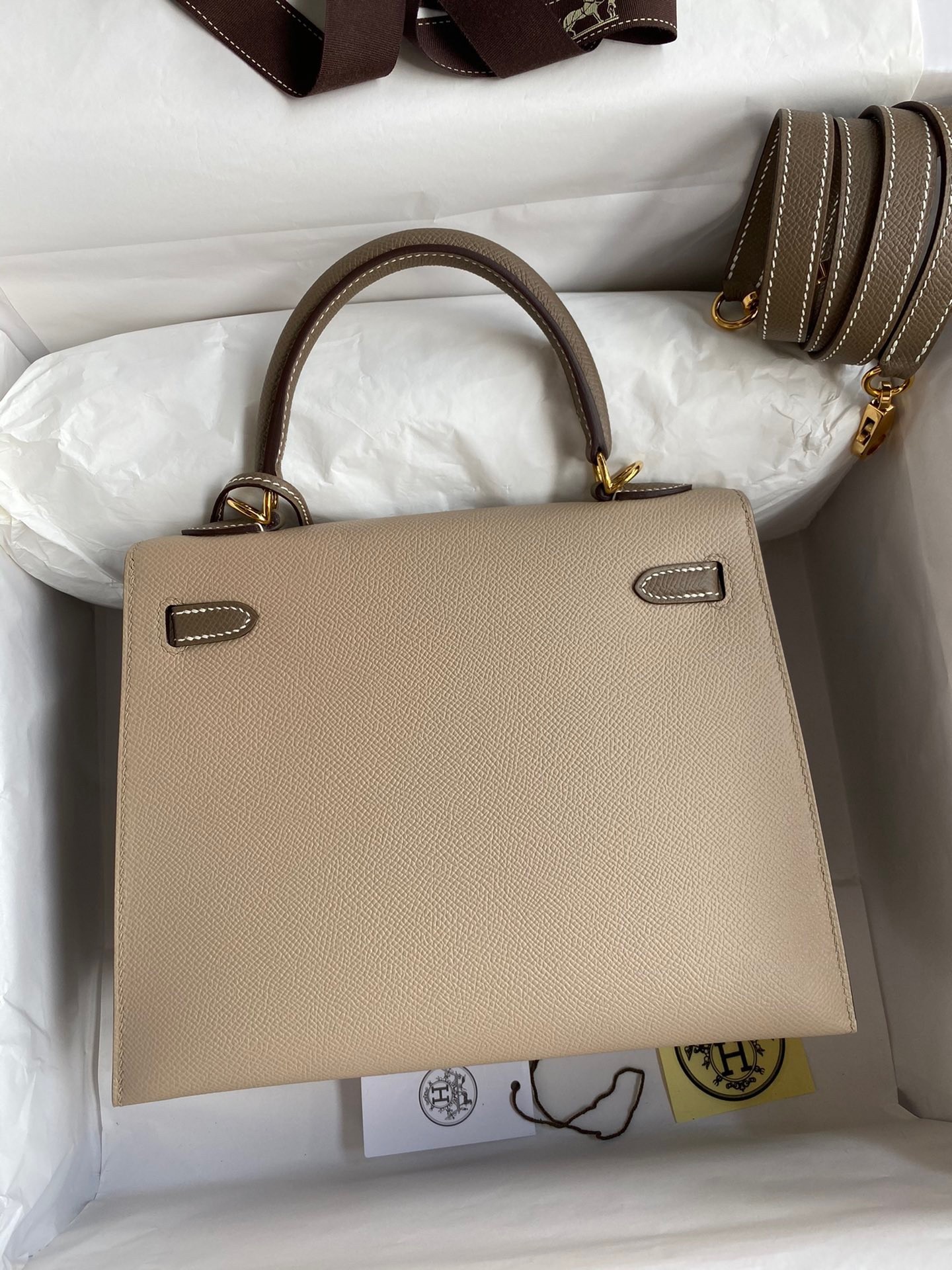 H**mes kelly sellier 25 bicolor bag in trench and taupe epsom calfskin