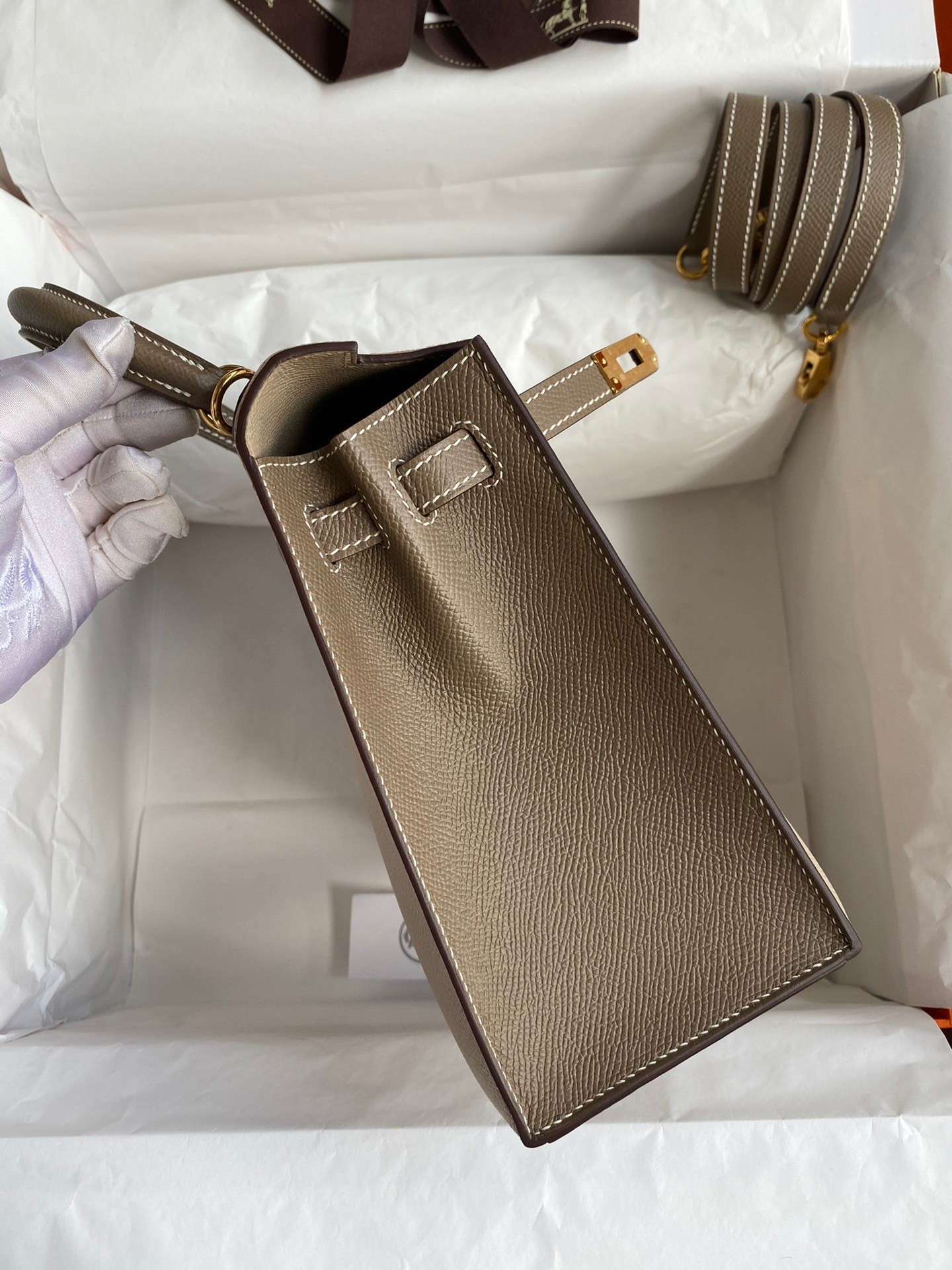 H**mes kelly sellier 25 bicolor bag in trench and taupe epsom calfskin