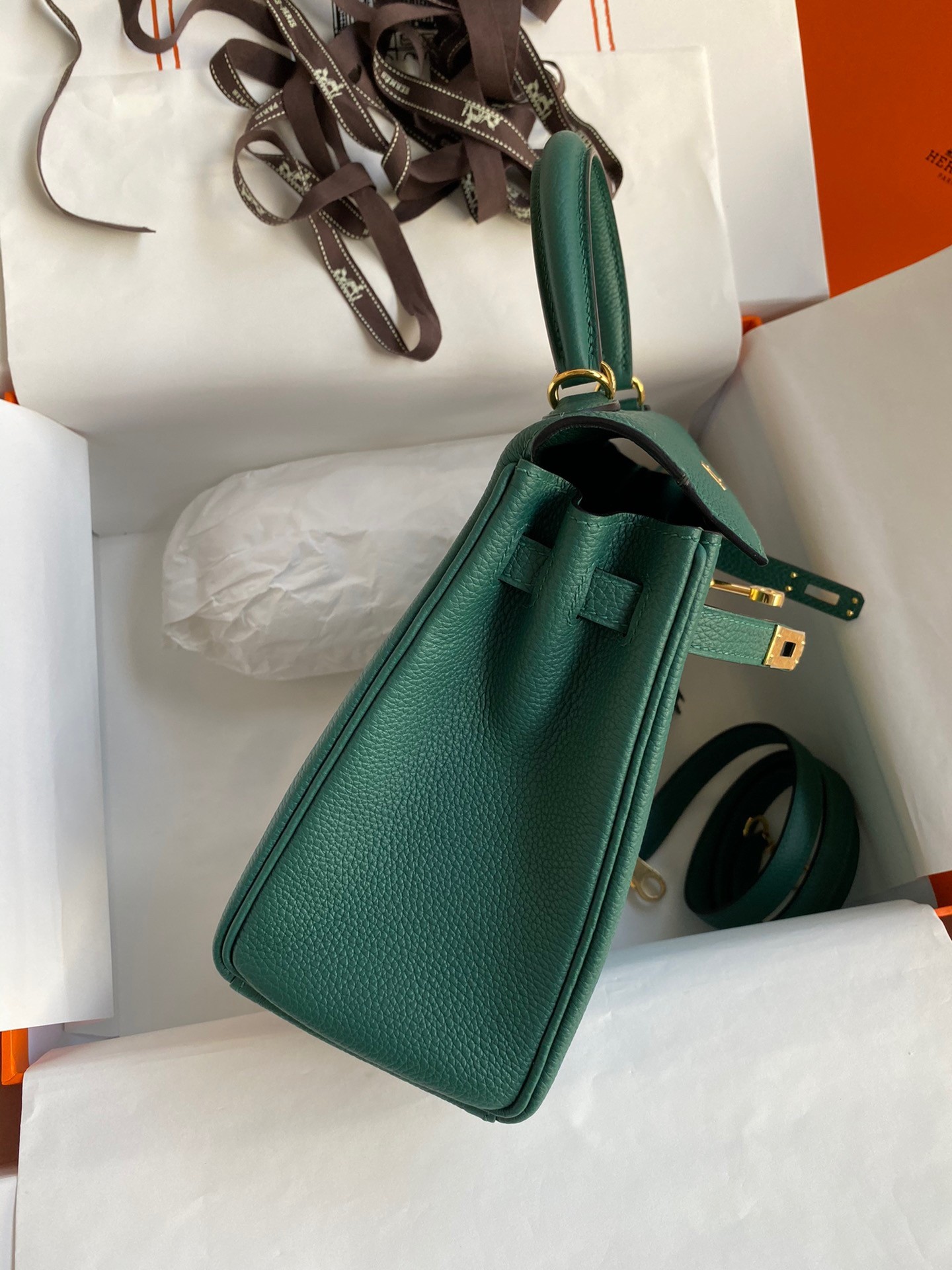 H**mes kelly retourne 25 handmade bag in blue paon clemence leather