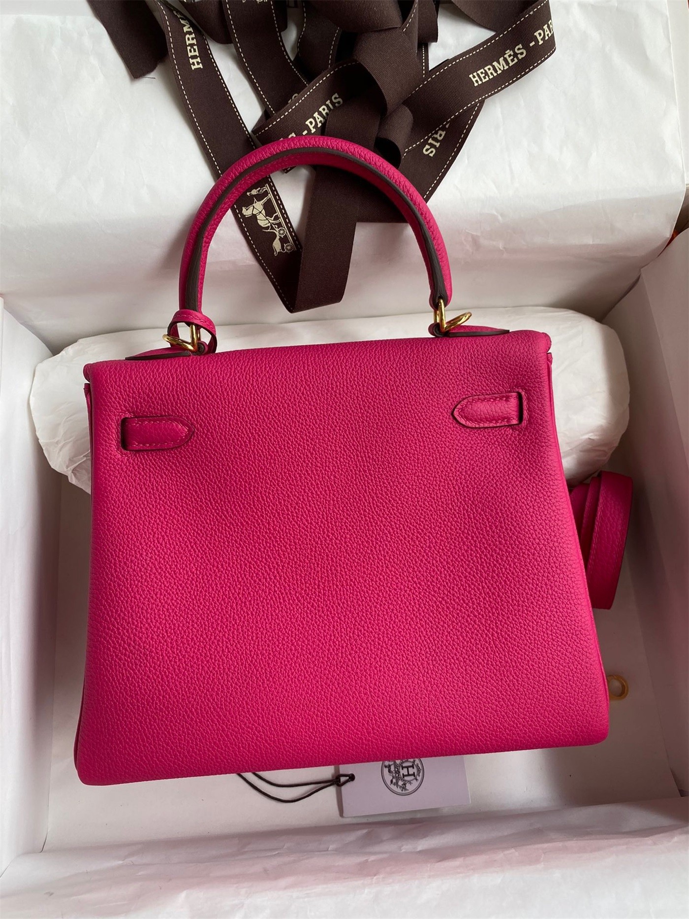 H**mes kelly retourne 25 handmade bag in framboise clemence leather