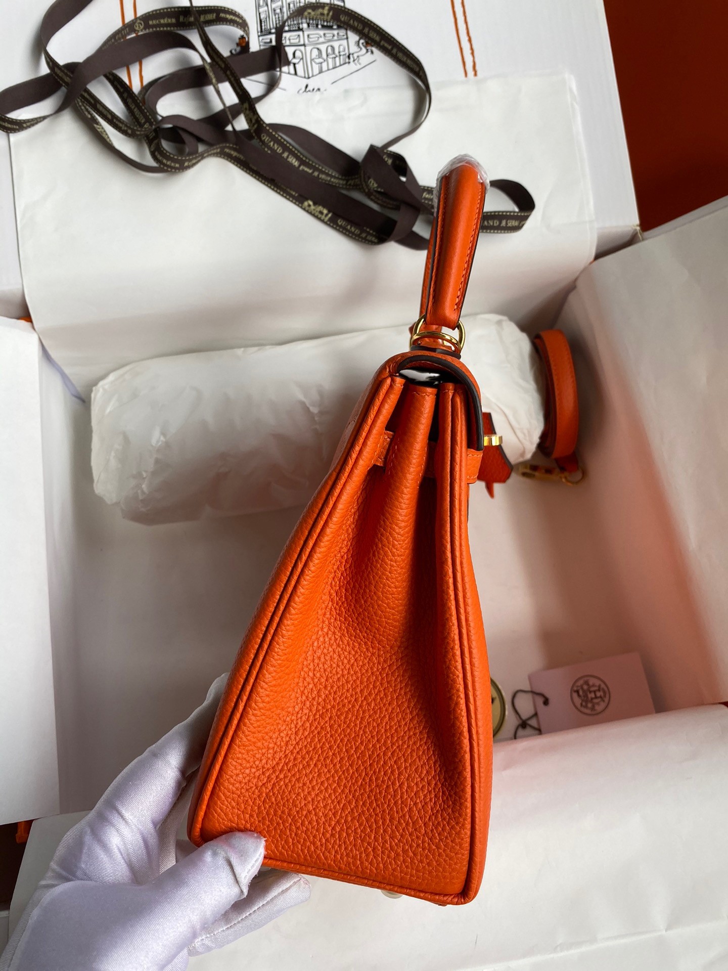 H**mes kelly retourne 25 handmade bag in orange clemence leather