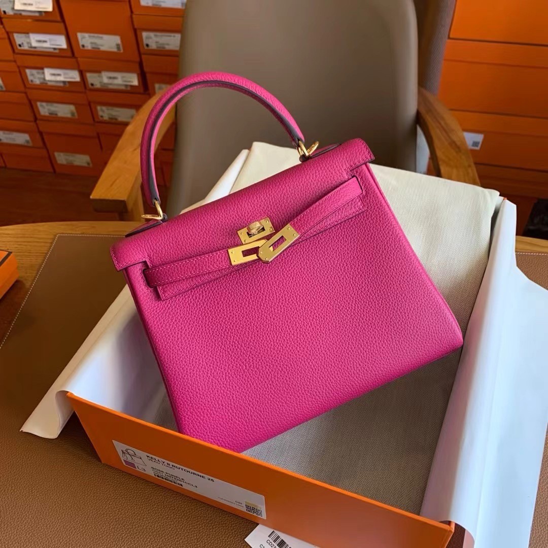 H**mes kelly retourne 25 handmade bag in rose purple clemence leather