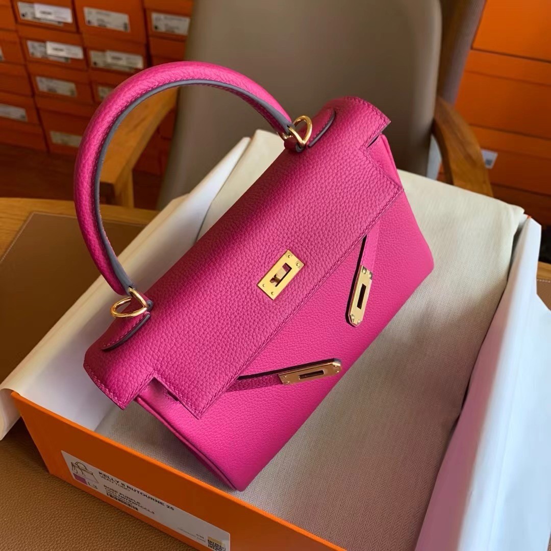 H**mes kelly retourne 25 handmade bag in rose purple clemence leather
