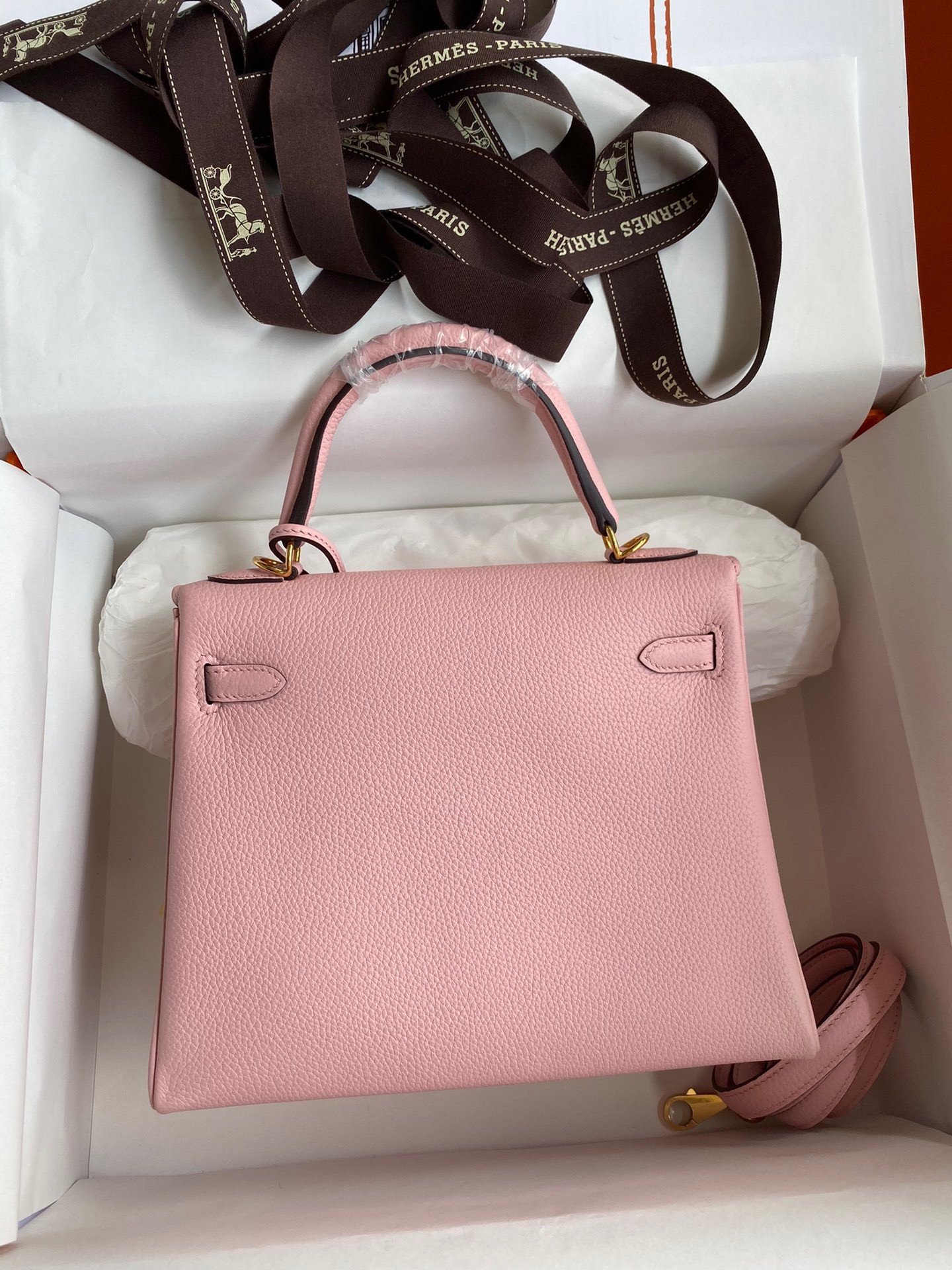 H**mes kelly retourne 25 handmade bag in rose sakura clemence leather
