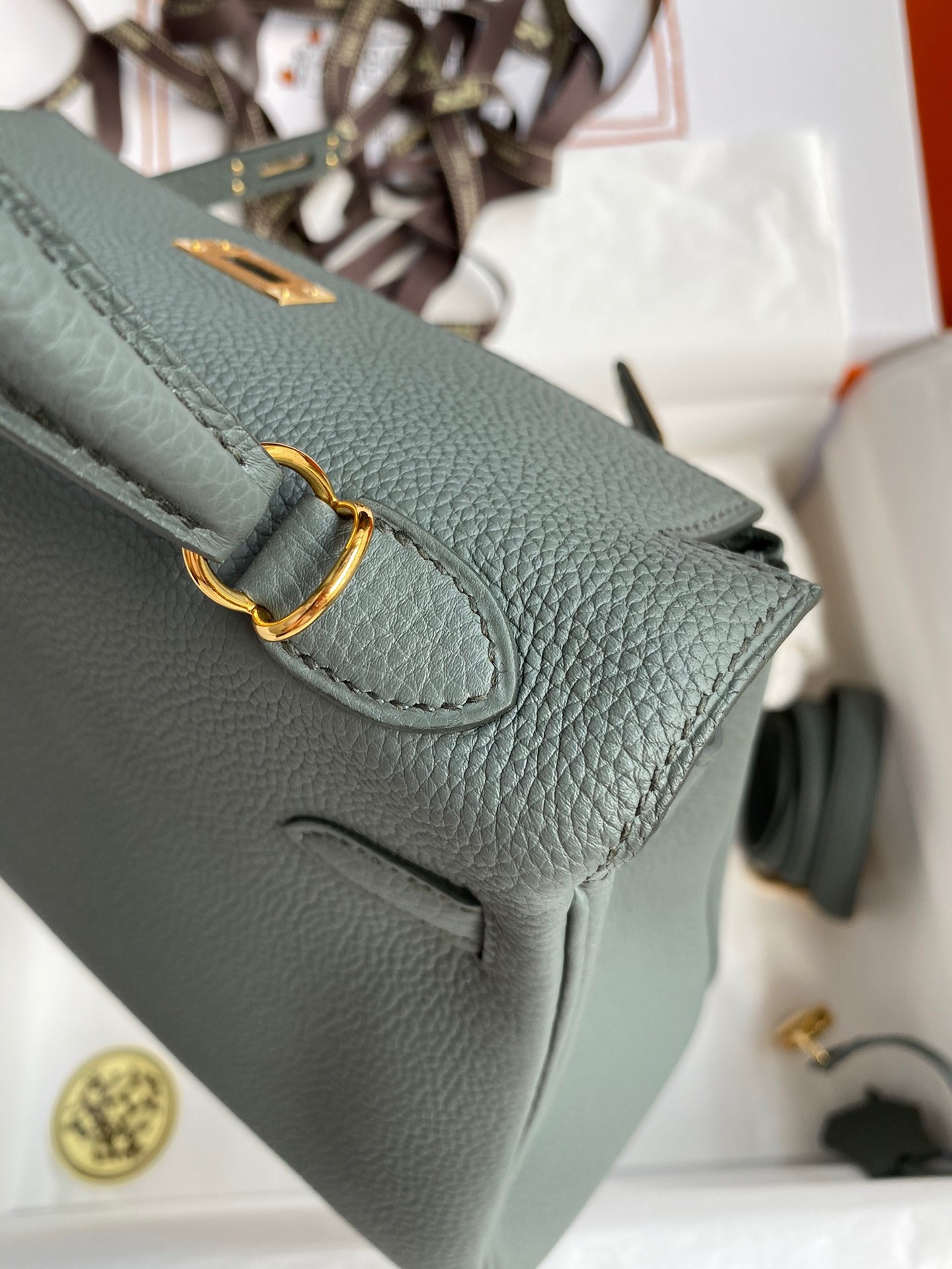H**mes kelly retourne 25 handmade bag in vert amande clemence leather