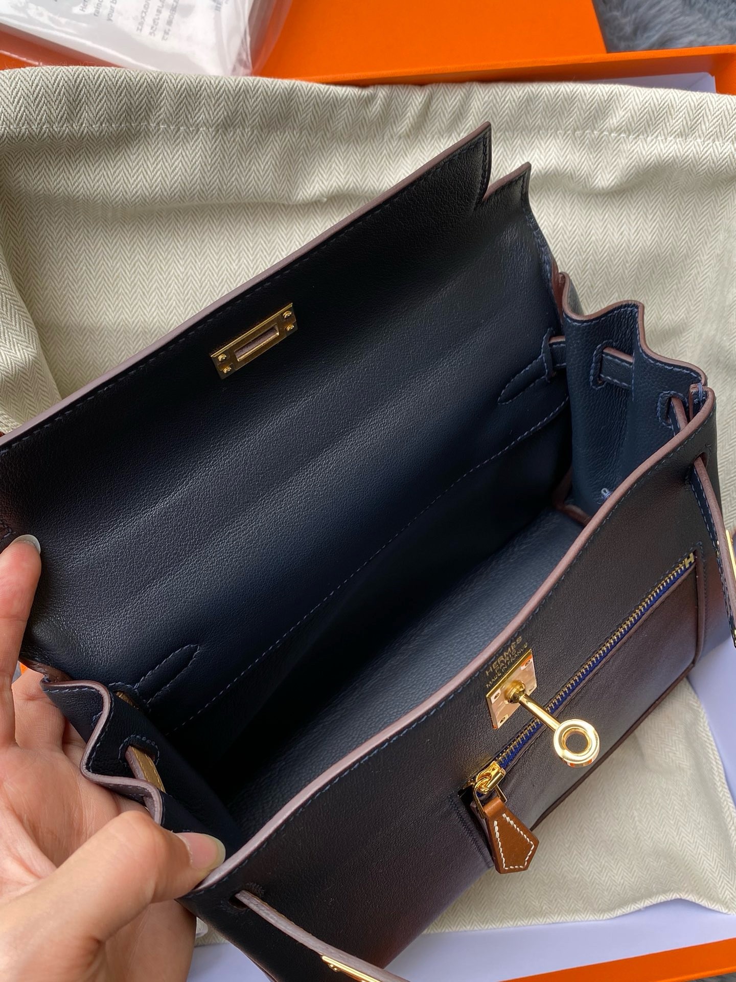 H**mes kelly colormatic 25 handmade bag in blue nuit swift leather