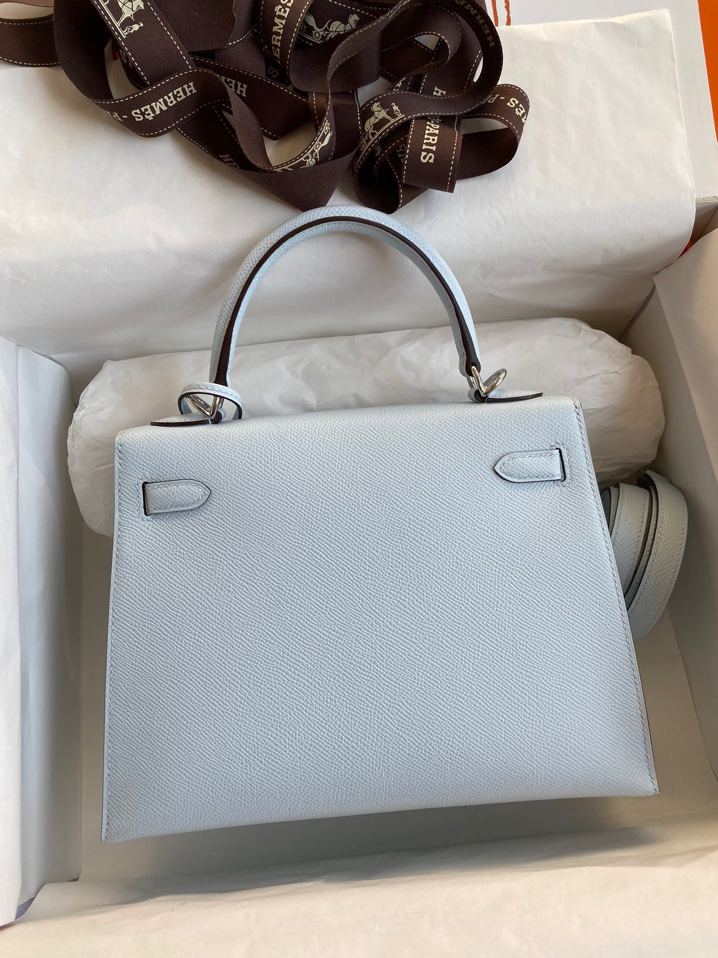 H**mes kelly sellier 25 handmade bag in blue brume epsom calfskin
