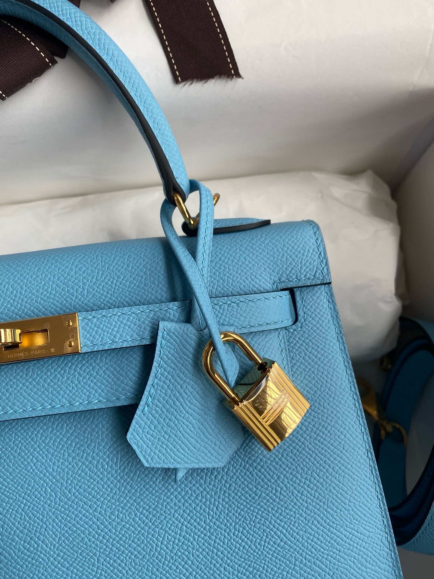 H**mes kelly sellier 25 handmade bag in blue candy epsom calfskin