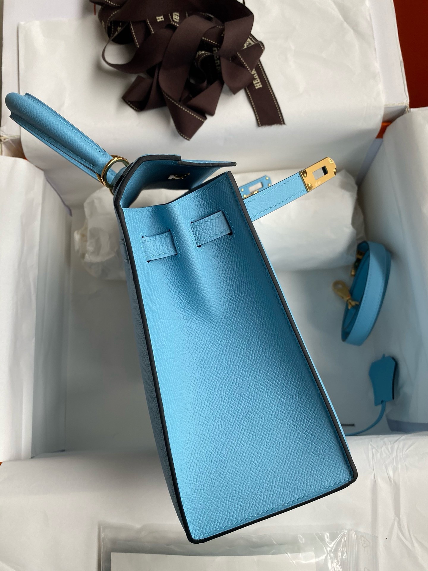 H**mes kelly sellier 25 handmade bag in blue candy epsom calfskin