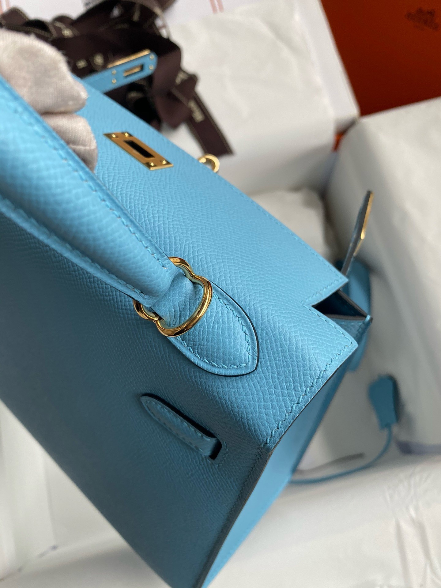 H**mes kelly sellier 25 handmade bag in blue candy epsom calfskin