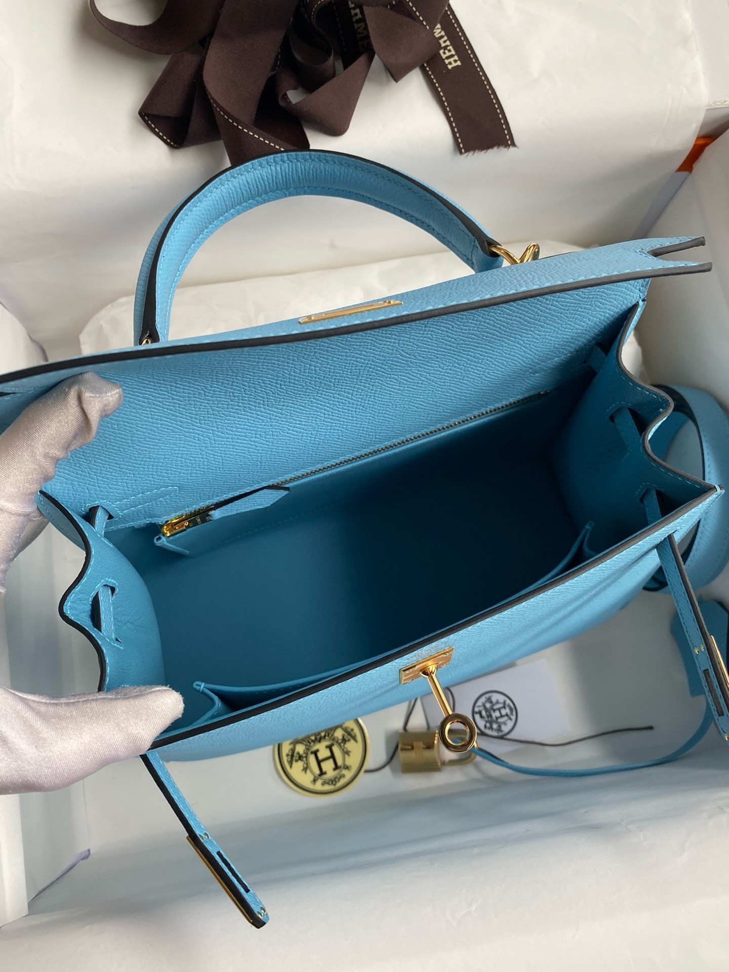 H**mes kelly sellier 25 handmade bag in blue candy epsom calfskin