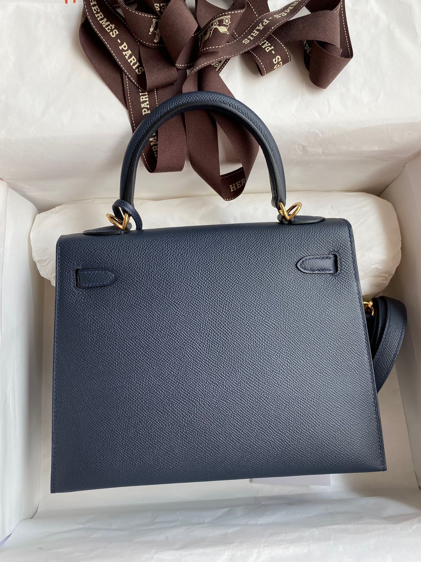 H**mes kelly sellier 25 handmade bag in blue indigo epsom calfskin