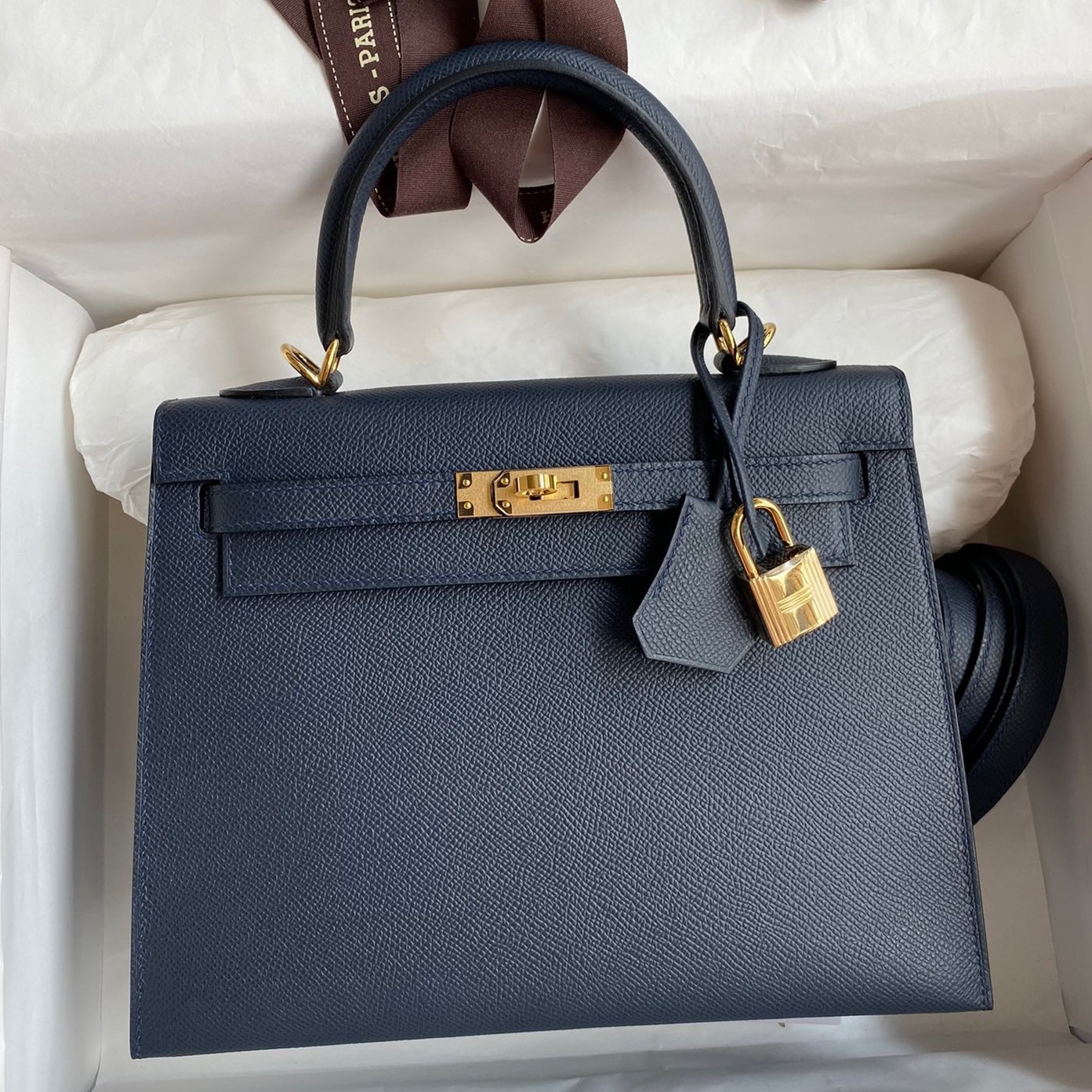 H**mes kelly sellier 25 handmade bag in blue indigo epsom calfskin