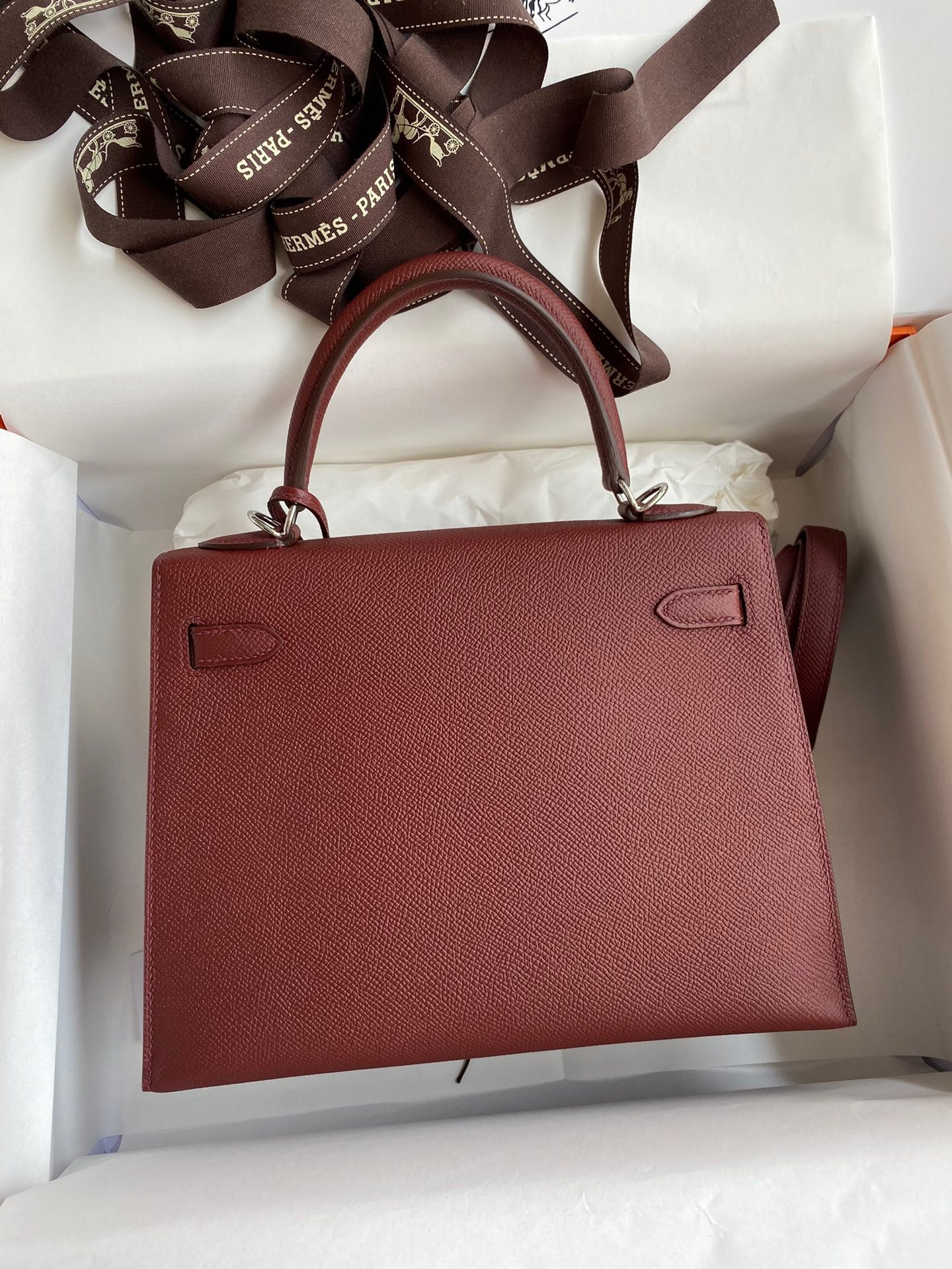 H**mes kelly sellier 25 handmade bag in bordeaux epsom calfskin