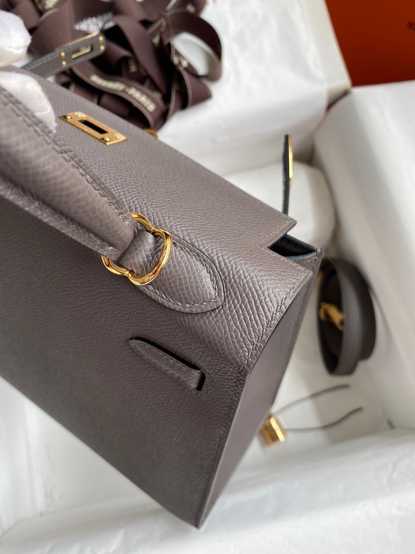 H**mes kelly sellier 25 handmade bag in etain epsom calfskin