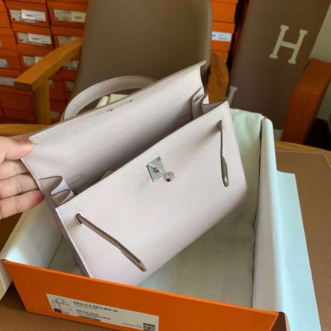 H**mes kelly sellier 25 handmade bag in mauve pale epsom calfskin