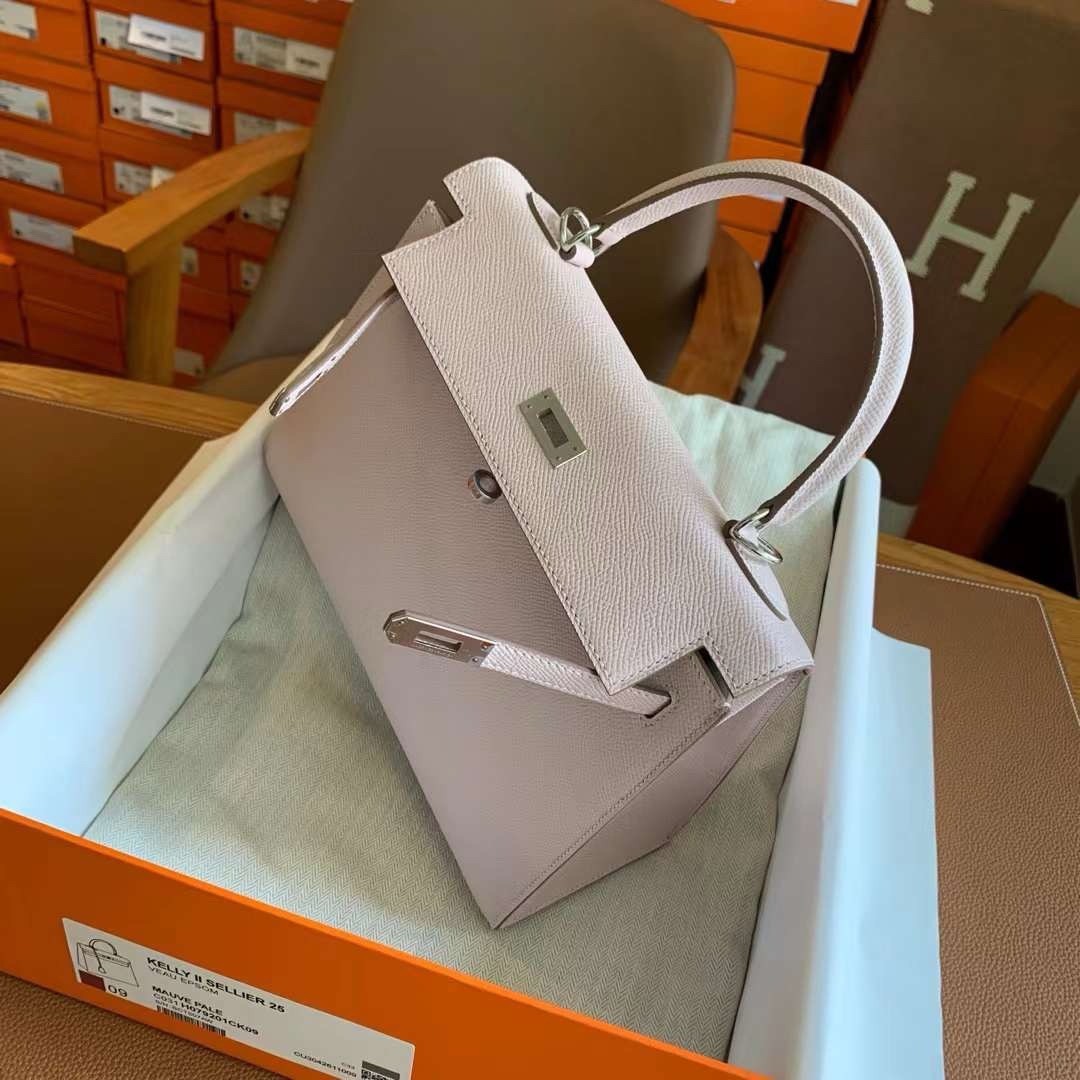 H**mes kelly sellier 25 handmade bag in mauve pale epsom calfskin