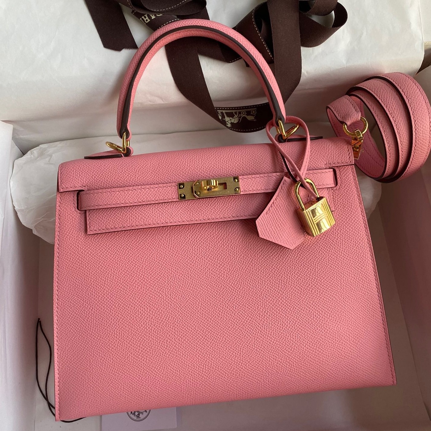 H**mes kelly sellier 25 handmade bag in rose confetti epsom calfskin