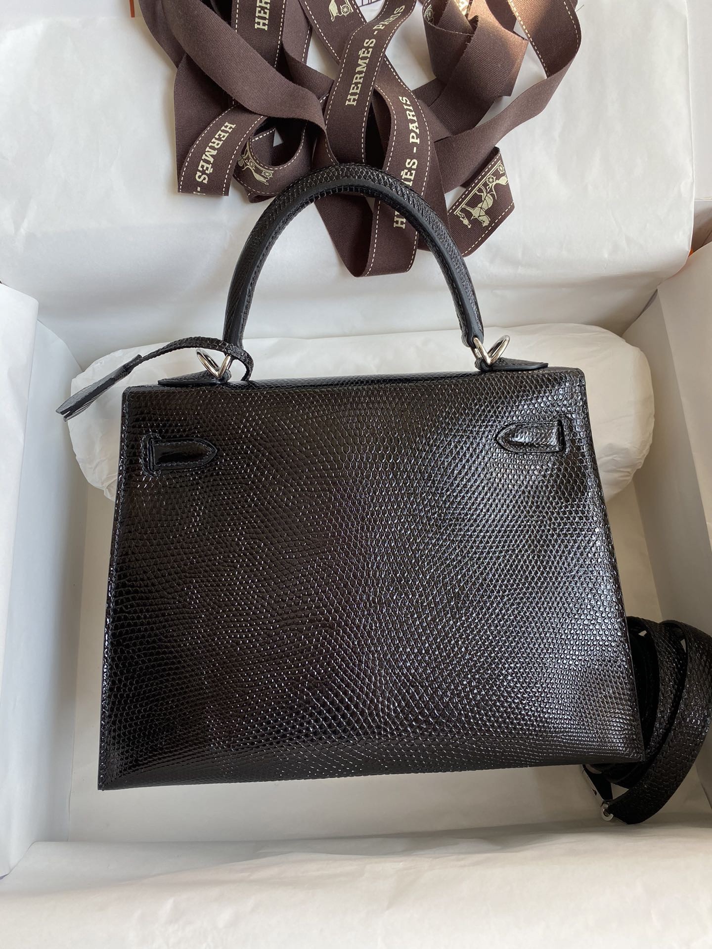 H**mes kelly sellier 25 handmade bag in black lizard leather