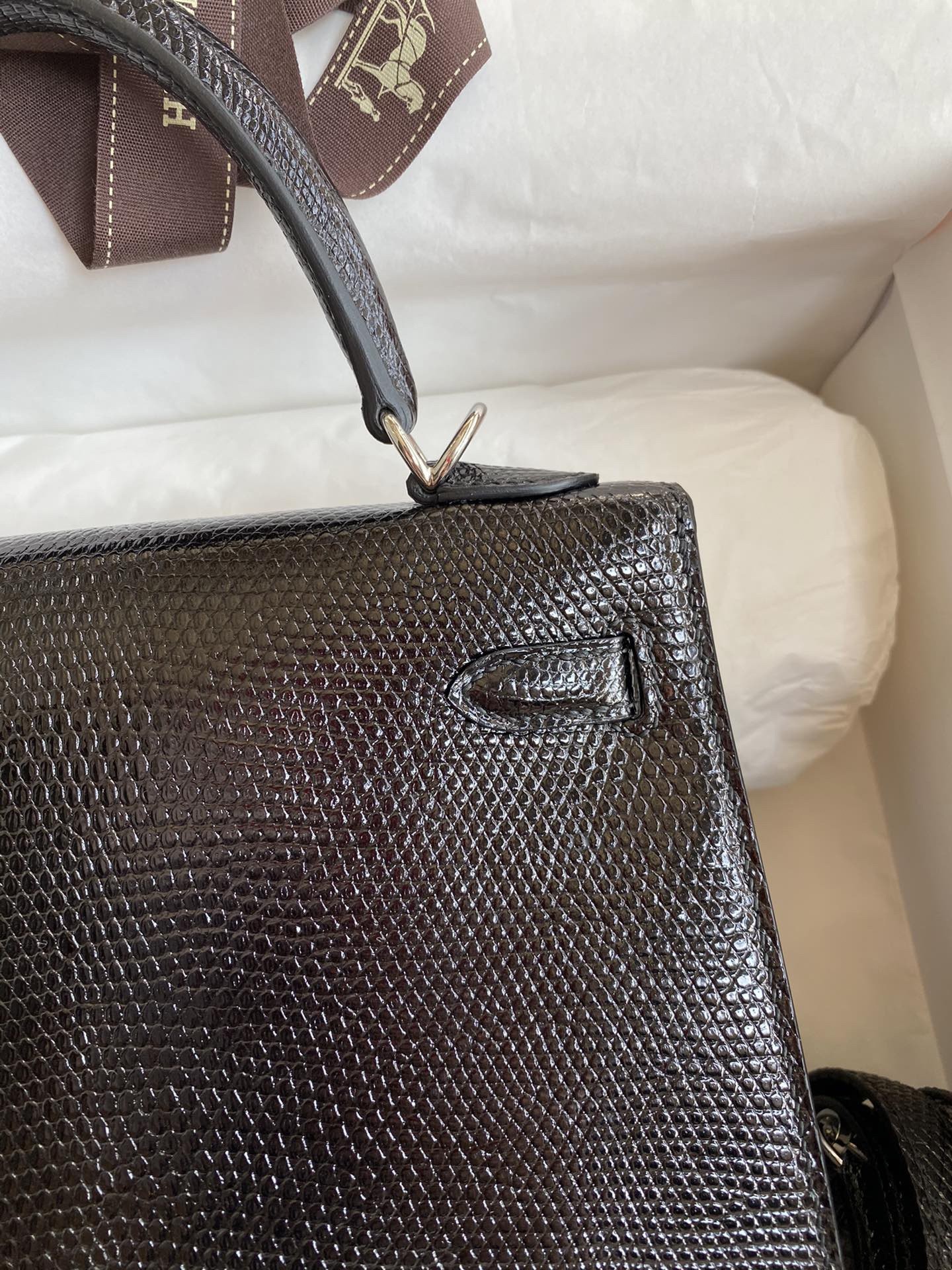 H**mes kelly sellier 25 handmade bag in black lizard leather