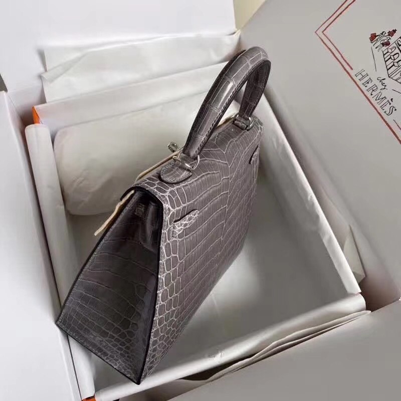 H**mes kelly retourne 25 handmade bag in taupe crocodile niloticus shiny skin