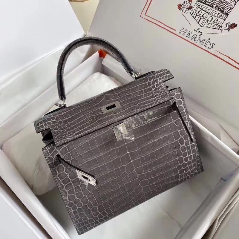 H**mes kelly retourne 25 handmade bag in taupe crocodile niloticus shiny skin