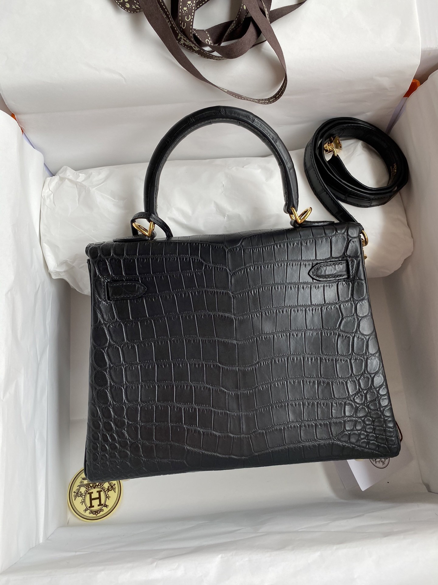 H**mes kelly retourne 25 handmade bag in black crocodile niloticus matte skin