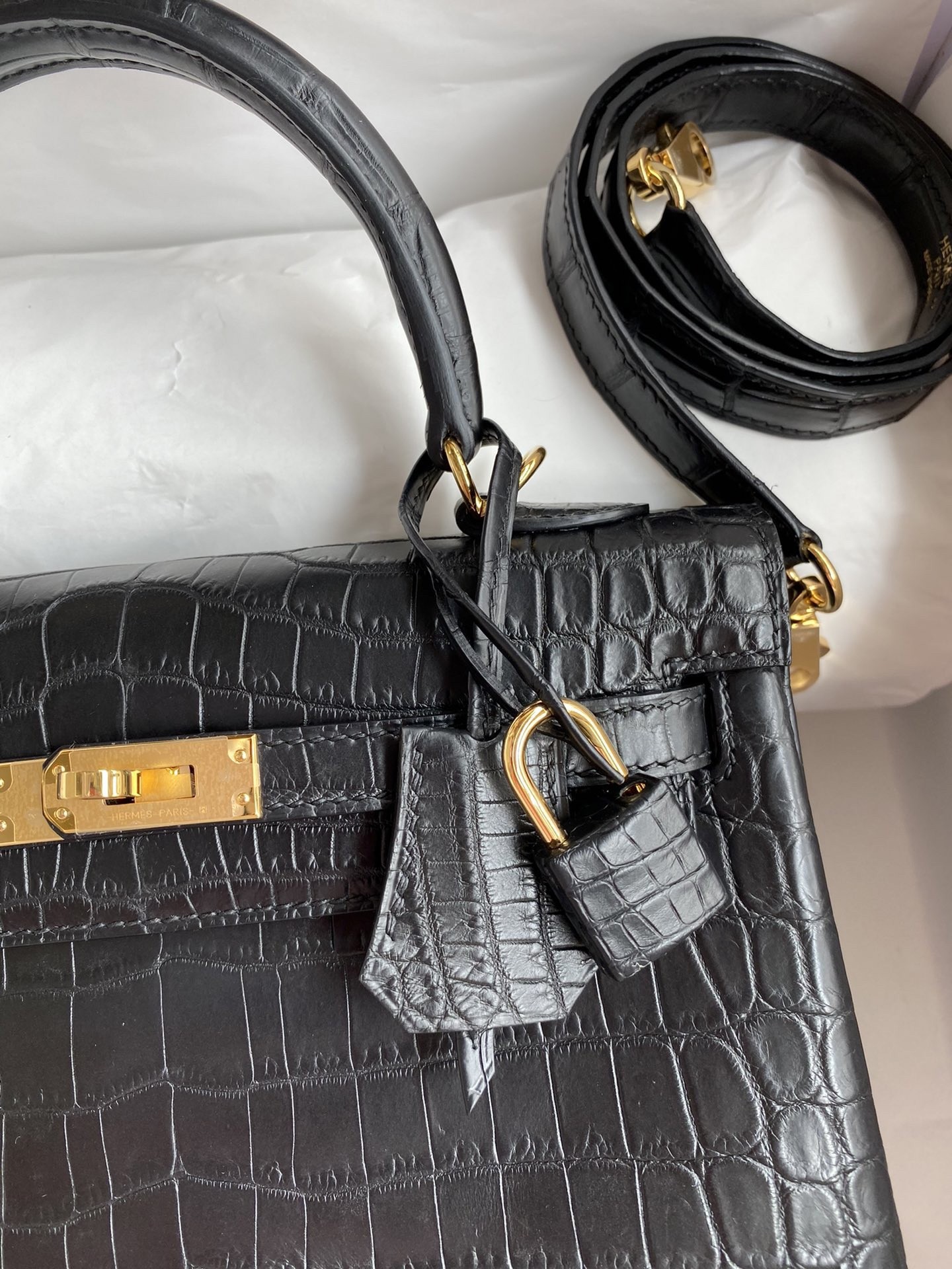 H**mes kelly retourne 25 handmade bag in black crocodile niloticus matte skin