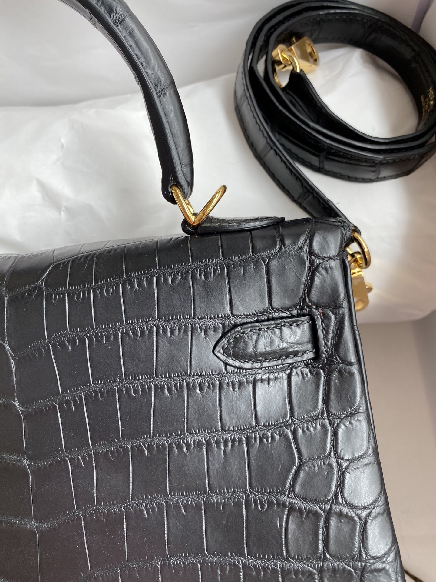 H**mes kelly retourne 25 handmade bag in black crocodile niloticus matte skin