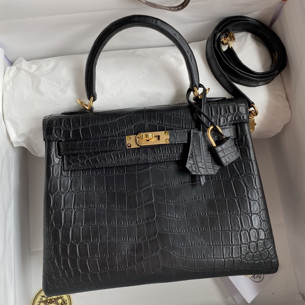 H**mes kelly retourne 25 handmade bag in black crocodile niloticus matte skin