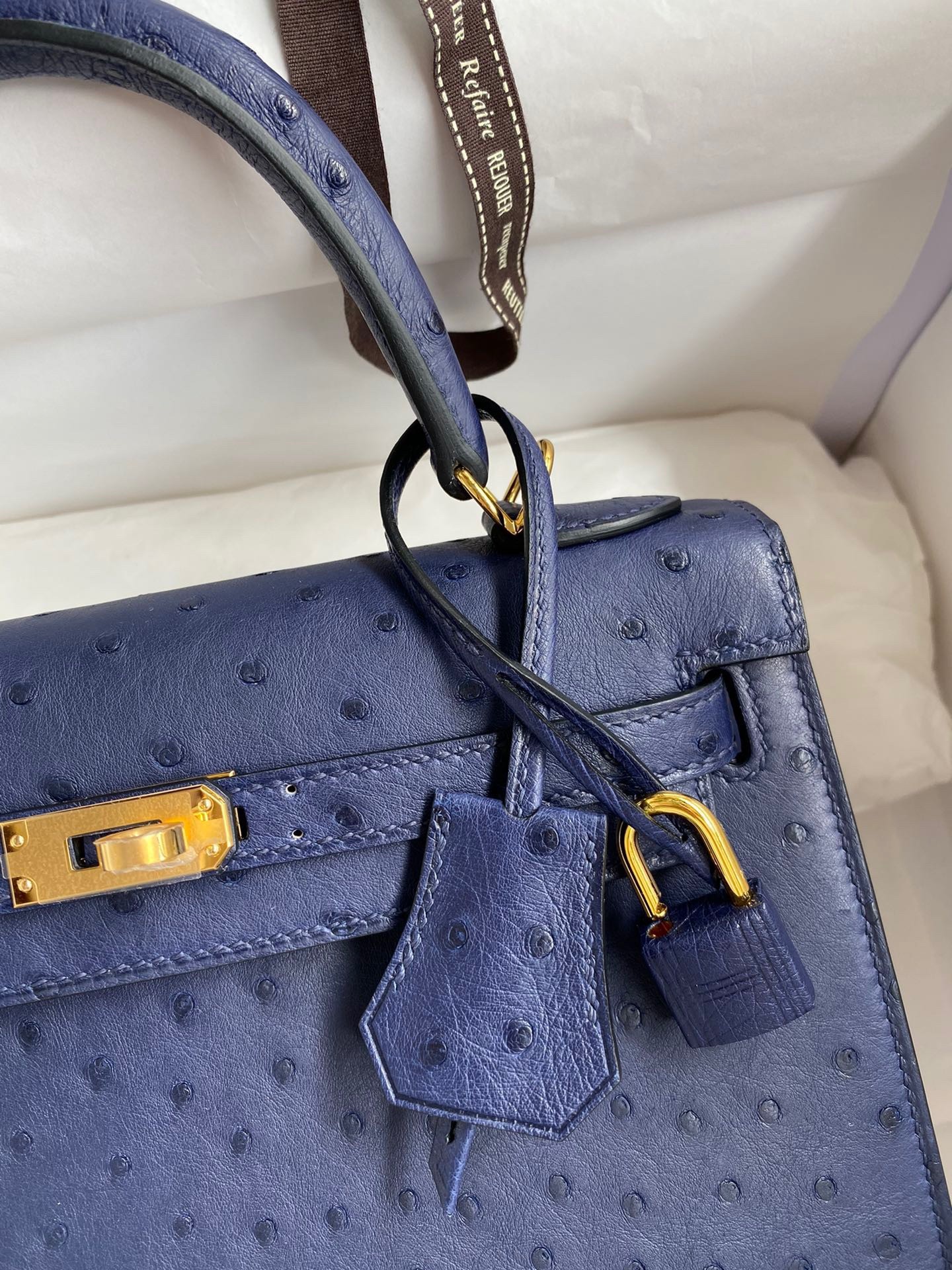 H**mes kelly sellier 25 handmade bag in blue iris ostrich leather