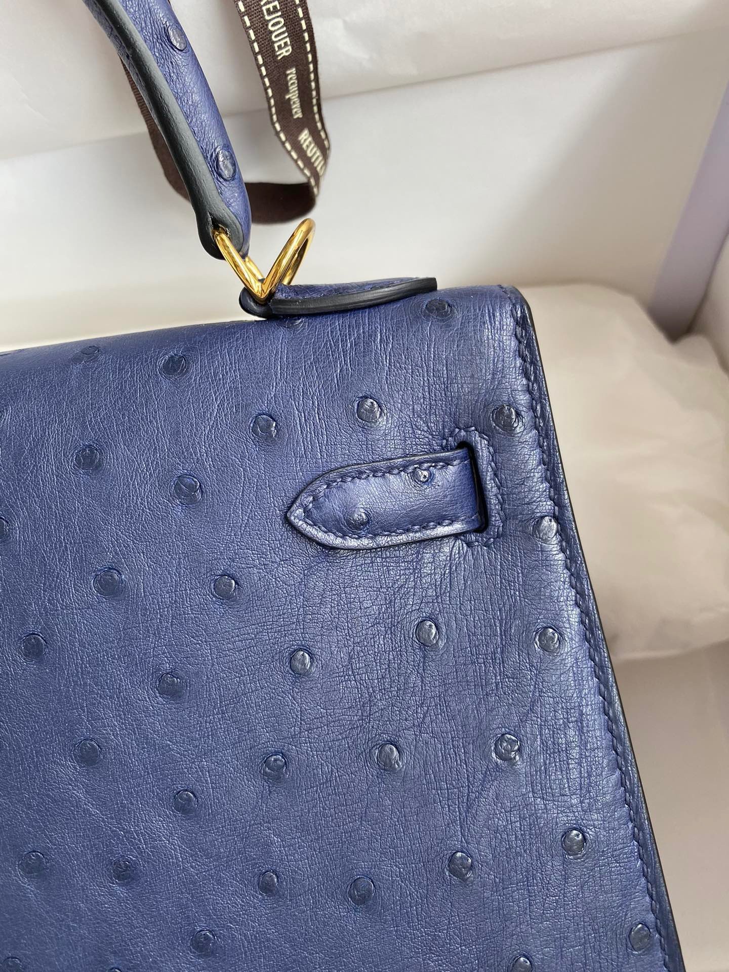 H**mes kelly sellier 25 handmade bag in blue iris ostrich leather