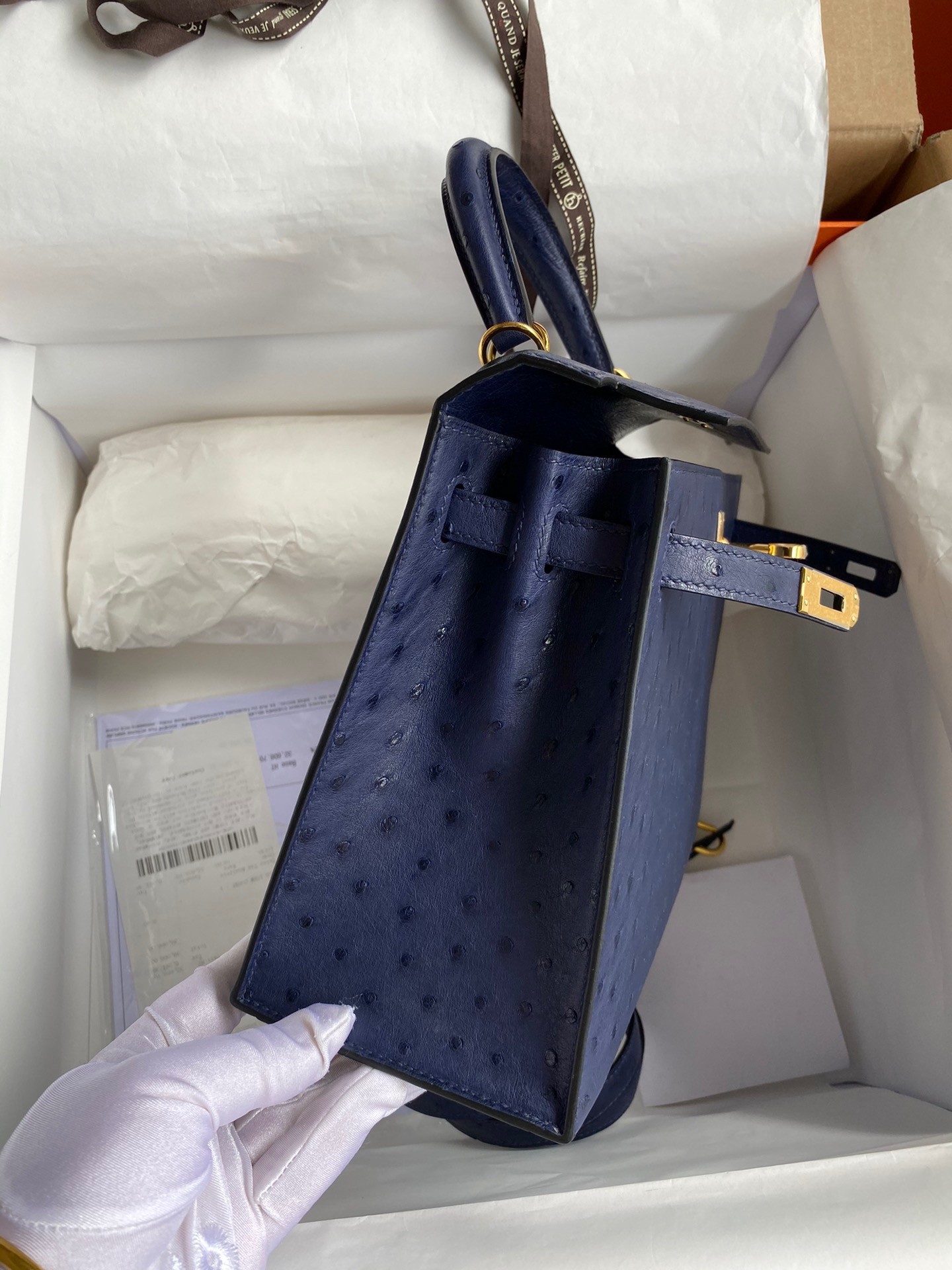 H**mes kelly sellier 25 handmade bag in blue iris ostrich leather