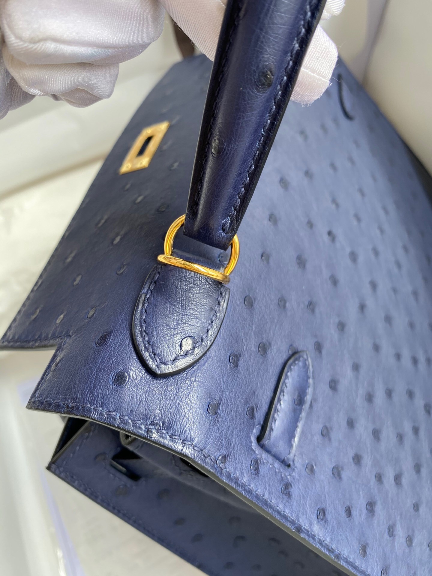 H**mes kelly sellier 25 handmade bag in blue iris ostrich leather