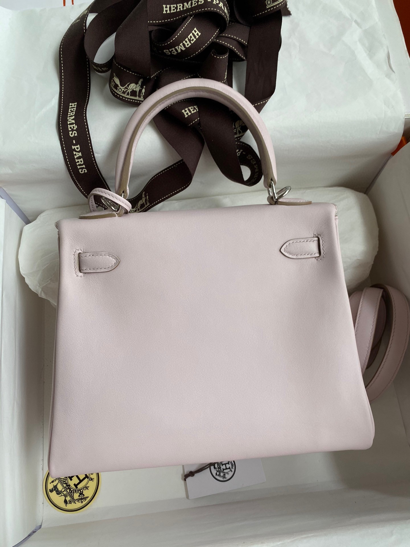 H**mes kelly retourne 25 handmade bag in mauve pale swift calfskin