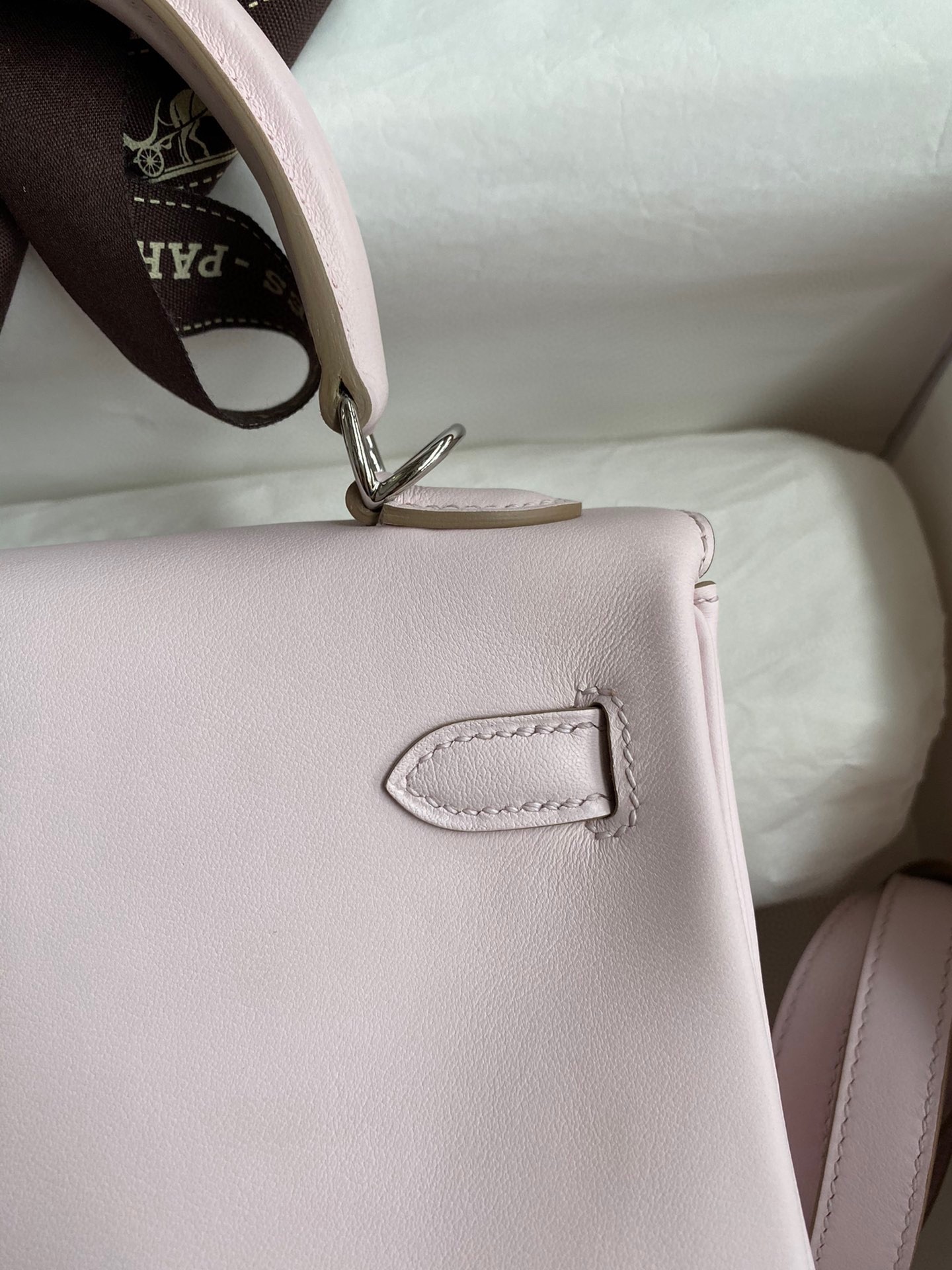 H**mes kelly retourne 25 handmade bag in mauve pale swift calfskin