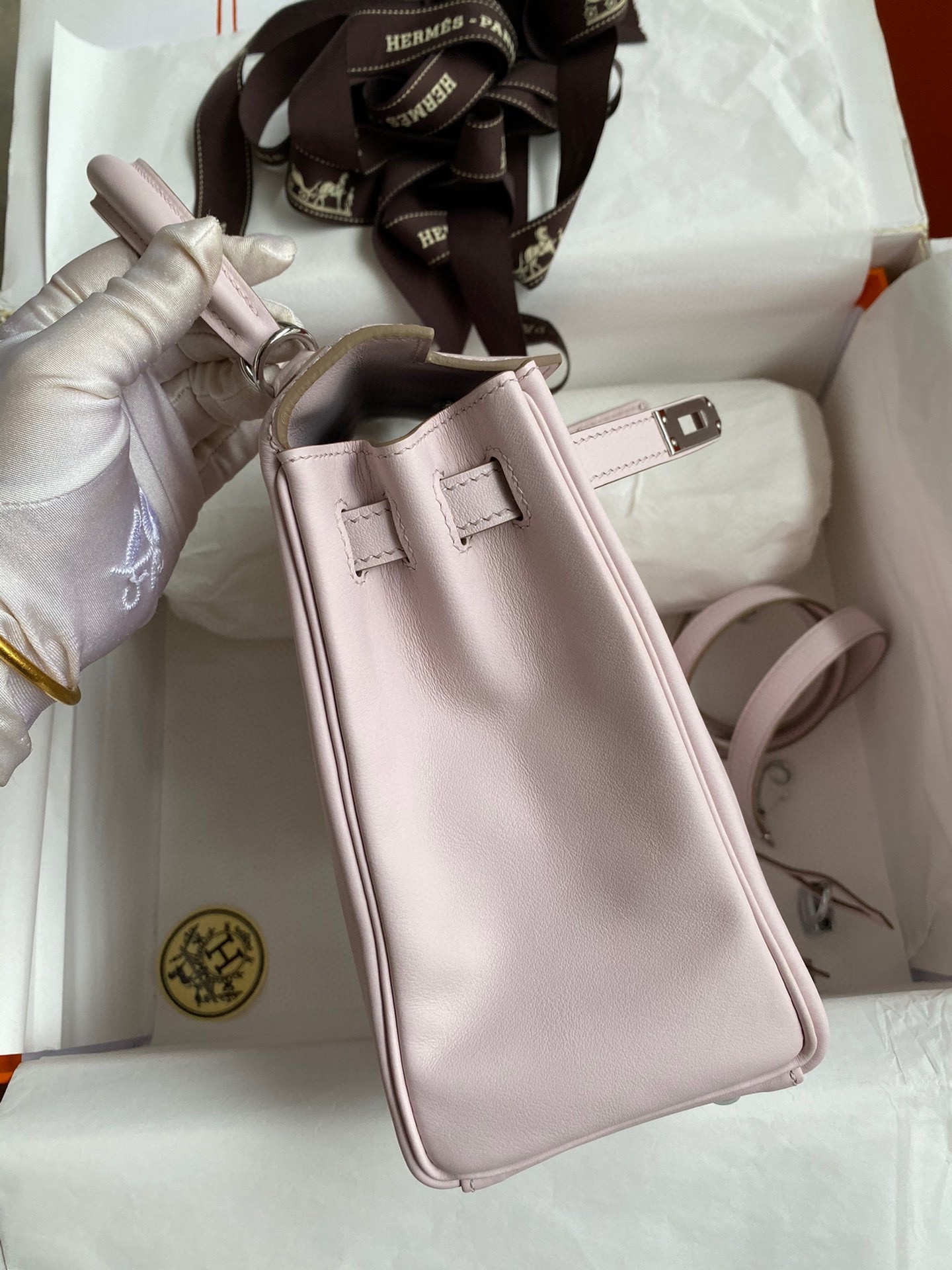 H**mes kelly retourne 25 handmade bag in mauve pale swift calfskin