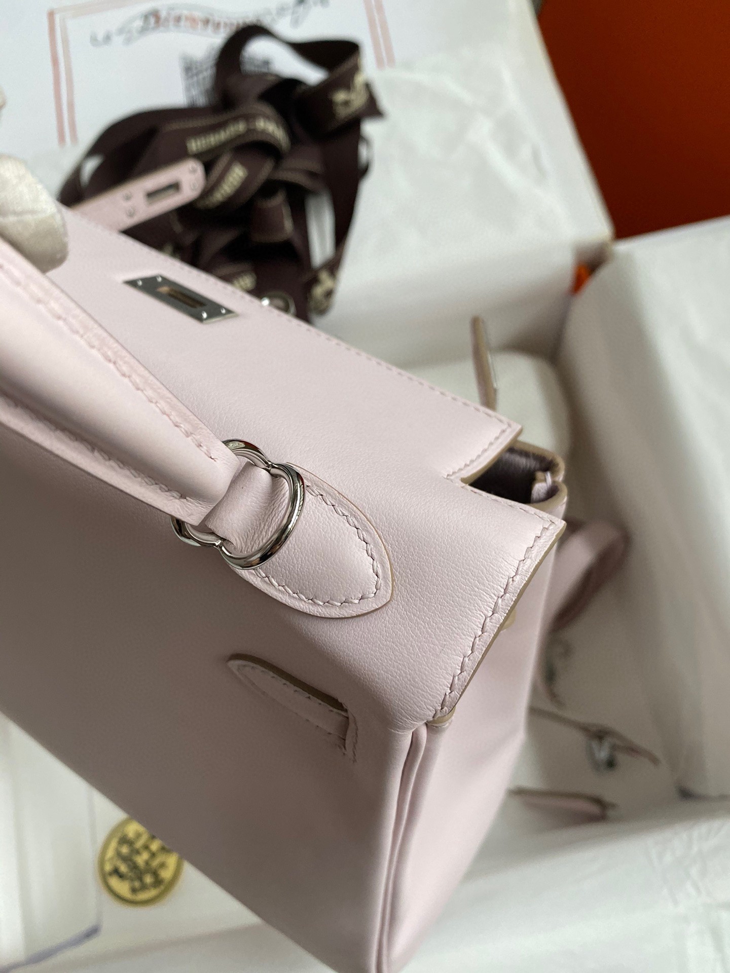 H**mes kelly retourne 25 handmade bag in mauve pale swift calfskin